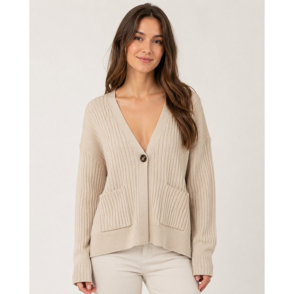 (nude) Cardigan Womens 42 M Cream 100% Virgin Wool Ribbed Batwing Single Button